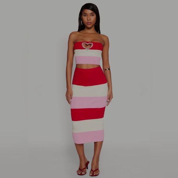 Timing Color Block Red, Pink, and Cream Striped Knit Midi Skirt Set - Picture 3 of 12